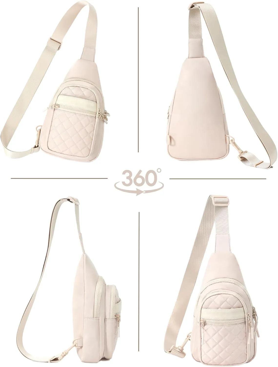 FORZAROCKET Sling Bag Double Compartment w/Long Strap 66" - Crossbody Bag w/Extended Strap - Women Men Fanny Pack - Two-Way Durable Zipper - Compact Sling Backpack - Plus Size Friendly, Beige Quilted