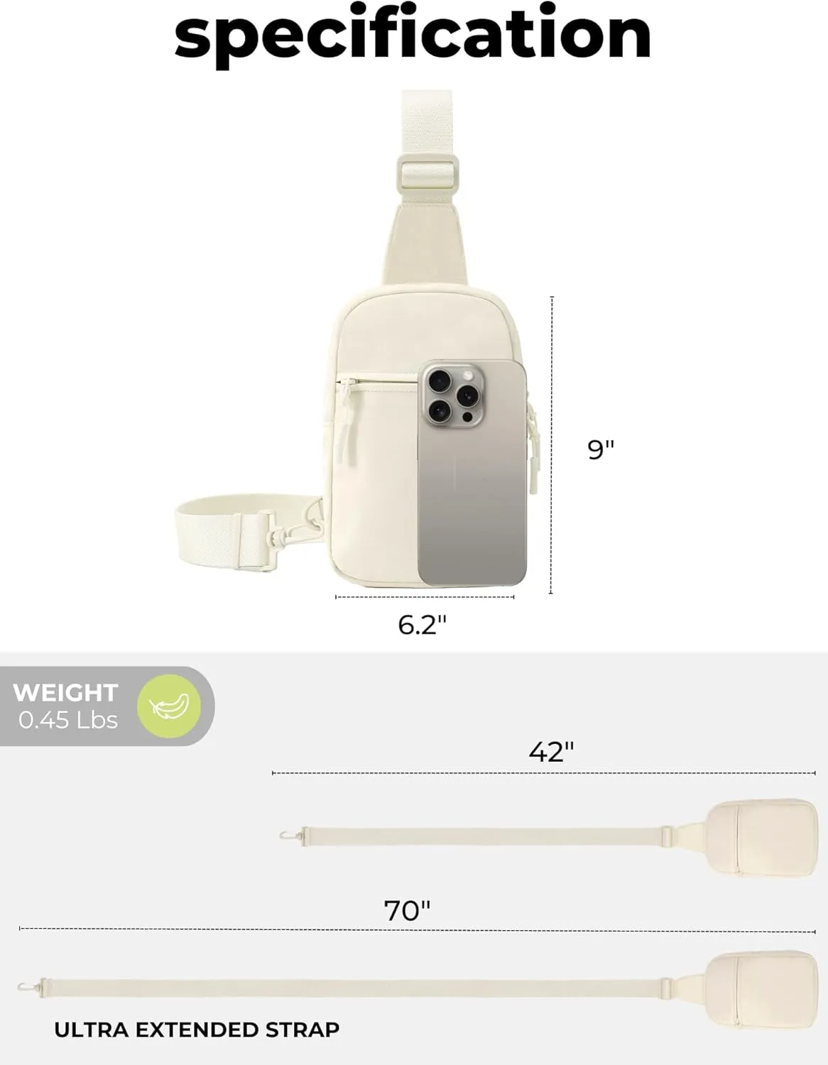 FORZAROCKET Ultralight Sling Bag w/Long Strap 70" – Small Crossbody Bag w/Extended Strap – Women Men Fanny Pack w/Anti-Theft Pocket – Two-Way Durable Zipper – Travel & Plus Size Friendly, Cream White