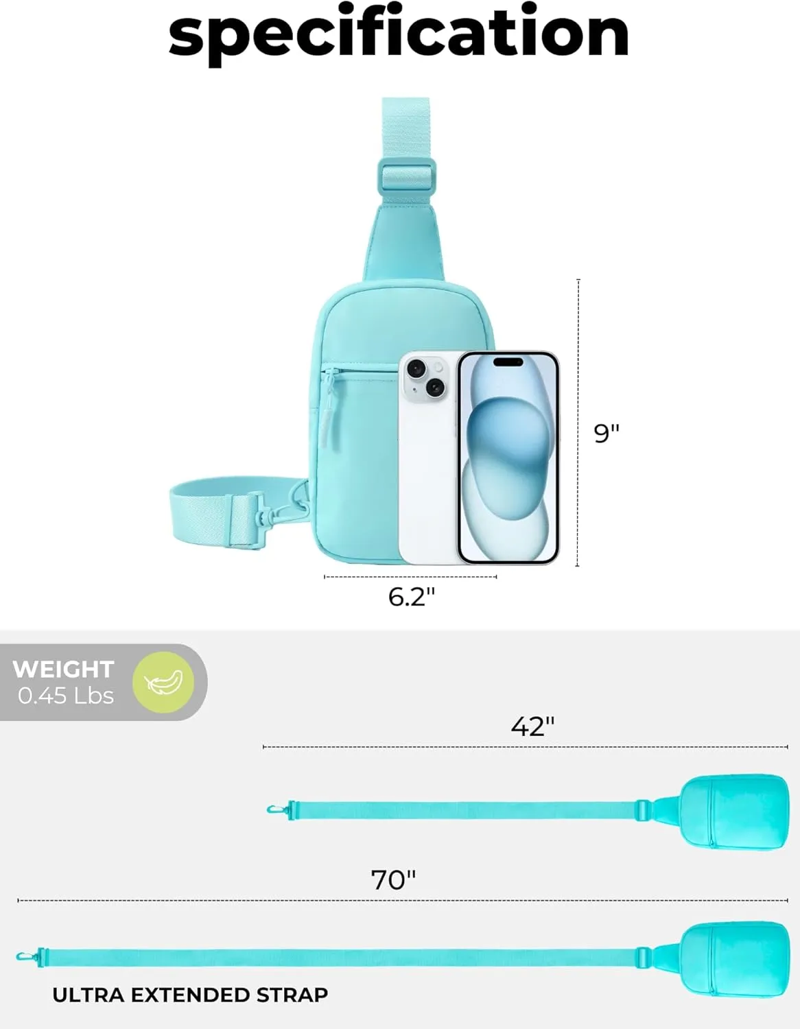 FORZAROCKET Ultralight Sling Bag w/Long Strap 70" – Small Crossbody Bag w/Extended Strap – Women Men Fanny Pack w/Anti-Theft Pocket – Two-Way Durable Zipper – Travel & Plus Size Friendly, Light Blue