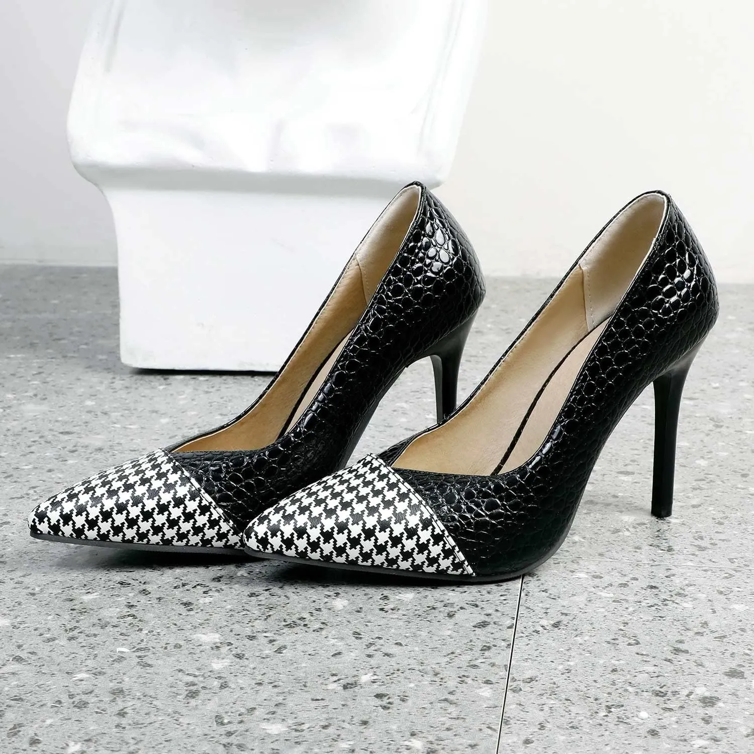 FOWT Women's Chic Two Tone Animal Printing Cap Toe Pumps Elegant Slip on Pointed Toe 4 in Heels Comfort Stiletto Thin Heel Walking Business Shallow V Cut Evening Shoes, Yellow US Size 4-15 M