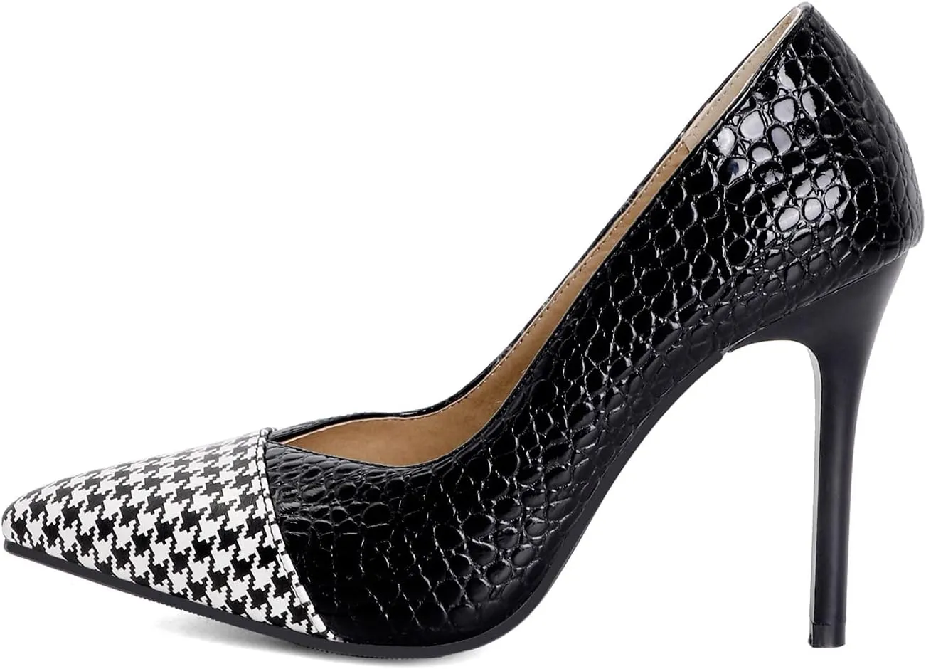 FOWT Women's Chic Two Tone Animal Printing Cap Toe Pumps Elegant Slip on Pointed Toe 4 in Heels Comfort Stiletto Thin Heel Walking Business Shallow V Cut Evening Shoes, Yellow US Size 4-15 M