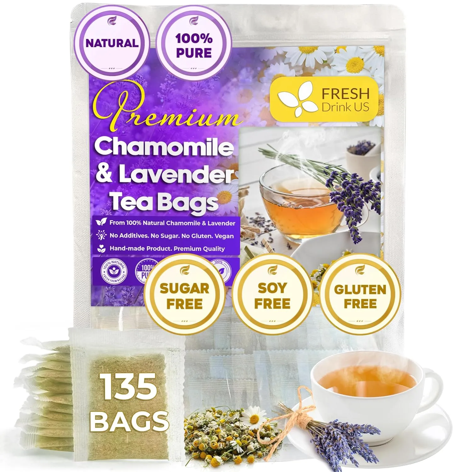 FreshDrinkUS, Premium 135 Chamomile Lavender Tea Bags, 100% Natural Herbal Ingredients, Hand-made Blend of Chamomile Lavender Flowers, Eco-conscious Tea Bags. No Sugar, No Caffeine, No Gluten, Vegan.