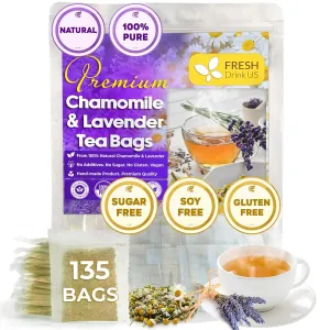 FreshDrinkUS, Premium 135 Chamomile Lavender Tea Bags, 100% Natural Herbal Ingredients, Hand-made Blend of Chamomile Lavender Flowers, Eco-conscious Tea Bags. No Sugar, No Caffeine, No Gluten, Vegan.