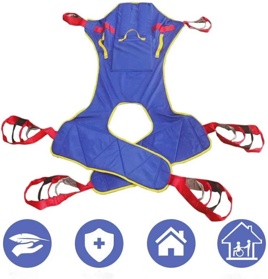 Full Body Patient Lift Sling, Head and Back Support, Toileting Transfer Slings, Split Legs with Commode Opening, 5 Handles, 6 Straps, Lifting Sling Medium Compatible with Various of Lifts