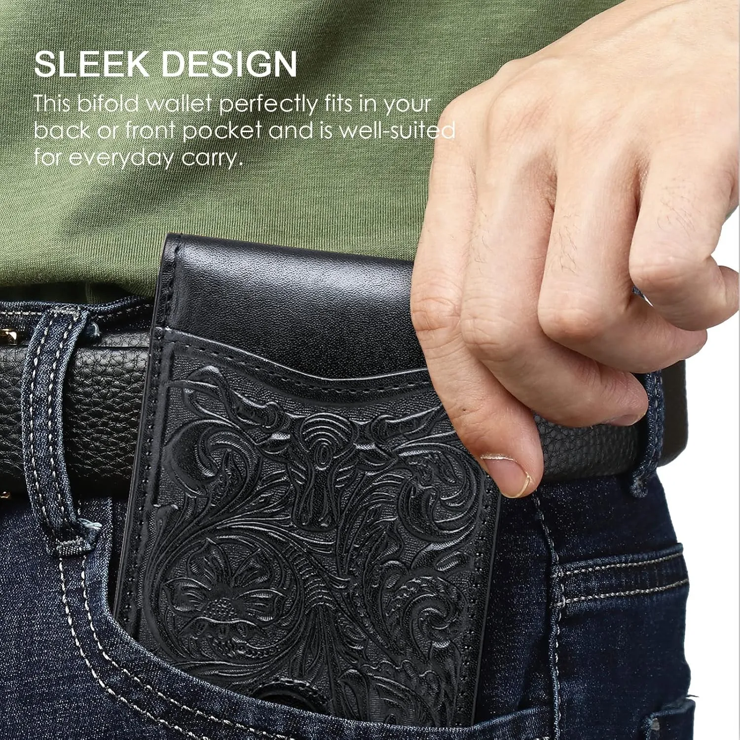 Full Grain Leather Bifold Wallet for Men - 11 Slots, RFID Blocking, Gifts for Men - Cowboy Black