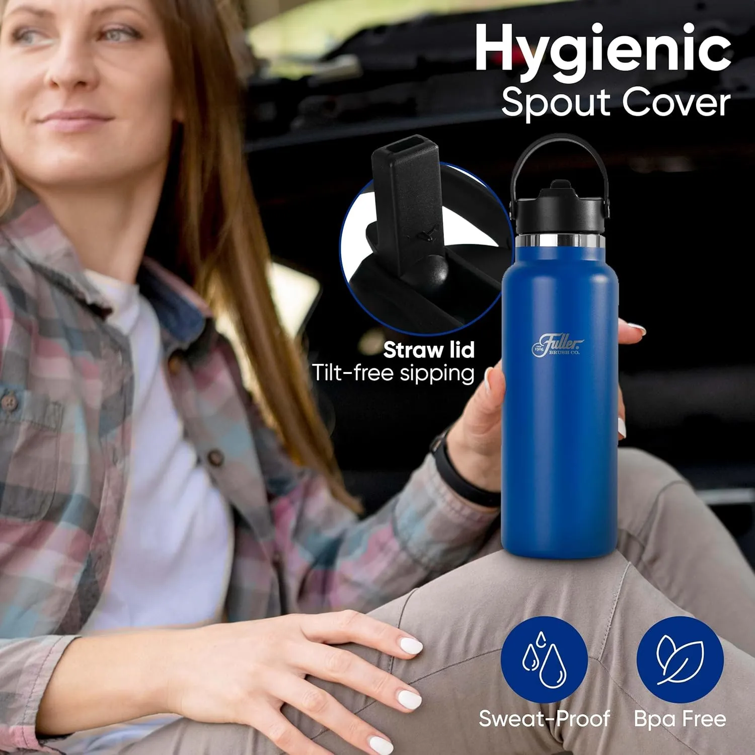 Fuller Stainless Steel Water Bottle with Straw Lid – BPA-Free, Sweat-Proof, Leak-Proof Travel Mug – Double Wall Insulated for Hot & Cold Drinks – Carry Handle (Mazarine Blue, 40 Oz.)