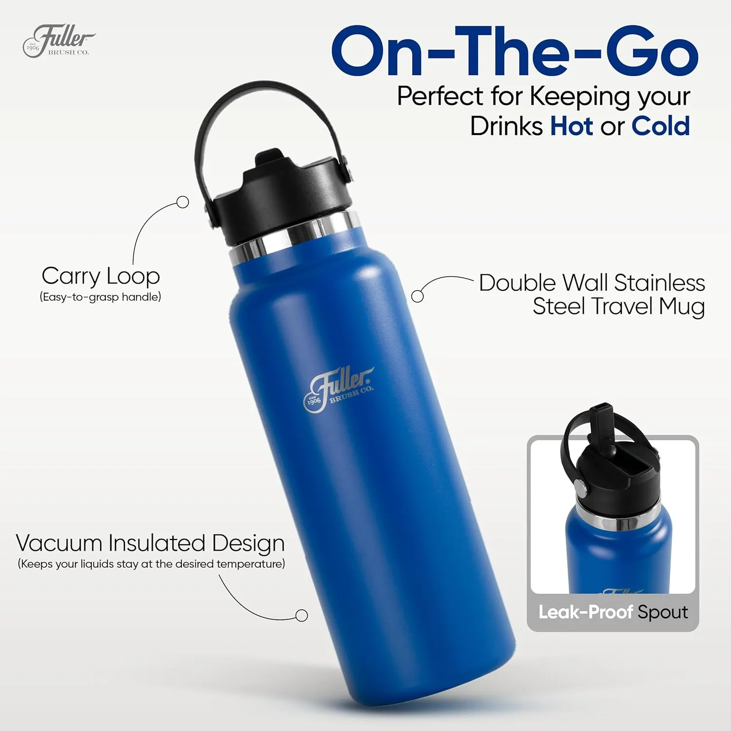Fuller Stainless Steel Water Bottle with Straw Lid – BPA-Free, Sweat-Proof, Leak-Proof Travel Mug – Double Wall Insulated for Hot & Cold Drinks – Carry Handle (Mazarine Blue, 40 Oz.)