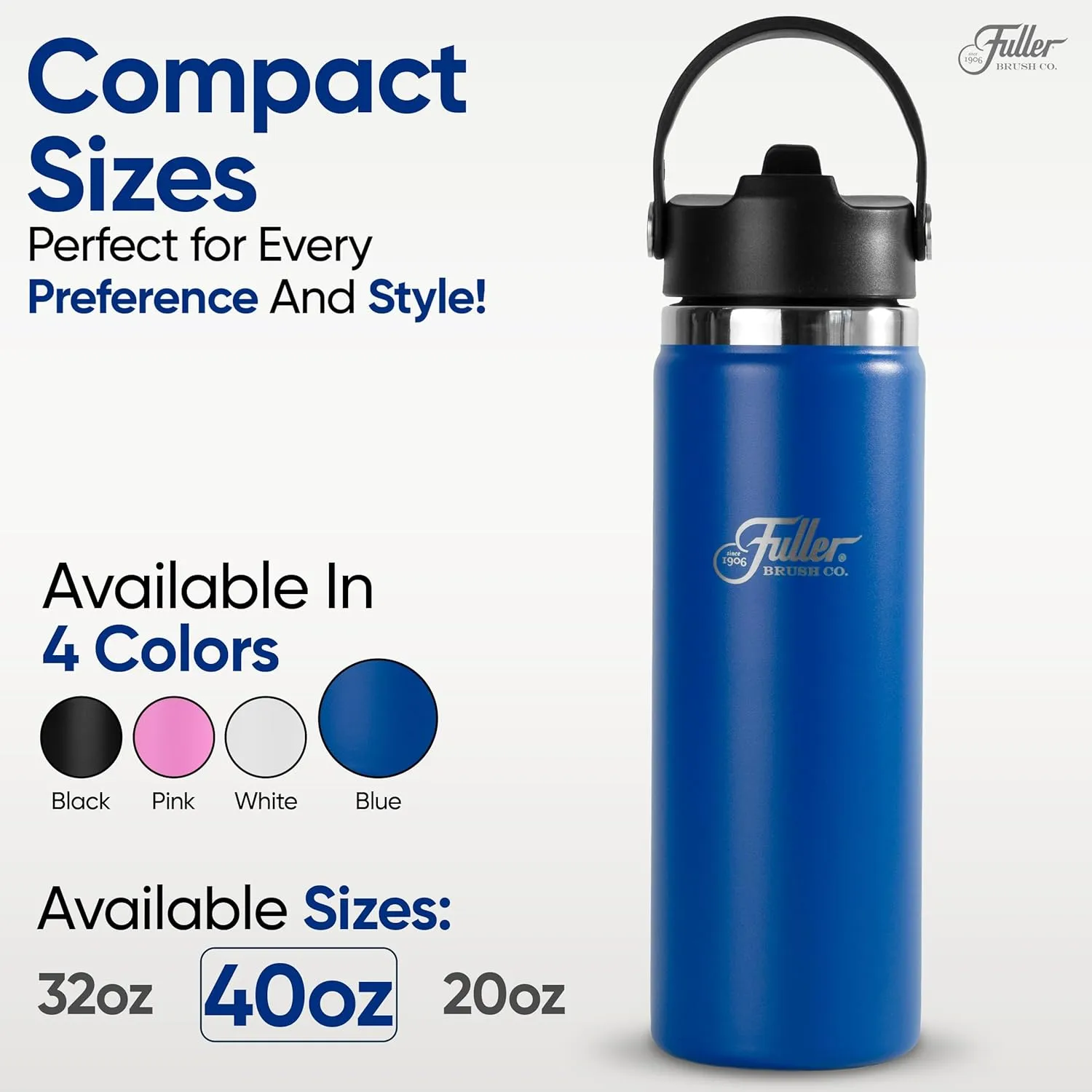 Fuller Stainless Steel Water Bottle with Straw Lid – BPA-Free, Sweat-Proof, Leak-Proof Travel Mug – Double Wall Insulated for Hot & Cold Drinks – Carry Handle (Mazarine Blue, 40 Oz.)