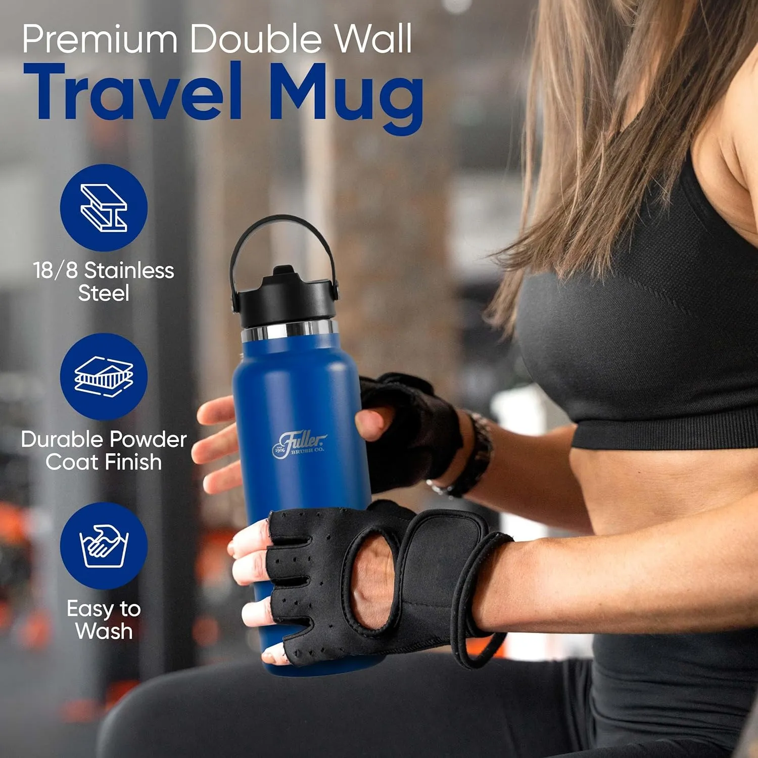 Fuller Stainless Steel Water Bottle with Straw Lid – BPA-Free, Sweat-Proof, Leak-Proof Travel Mug – Double Wall Insulated for Hot & Cold Drinks – Carry Handle (Mazarine Blue, 40 Oz.)