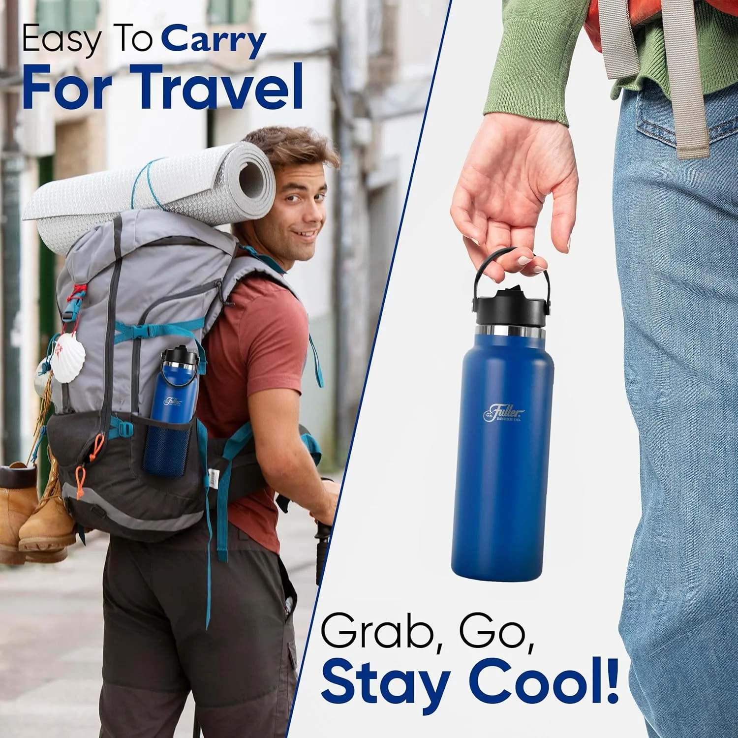 Fuller Stainless Steel Water Bottle with Straw Lid – BPA-Free, Sweat-Proof, Leak-Proof Travel Mug – Double Wall Insulated for Hot & Cold Drinks – Carry Handle (Mazarine Blue, 40 Oz.)
