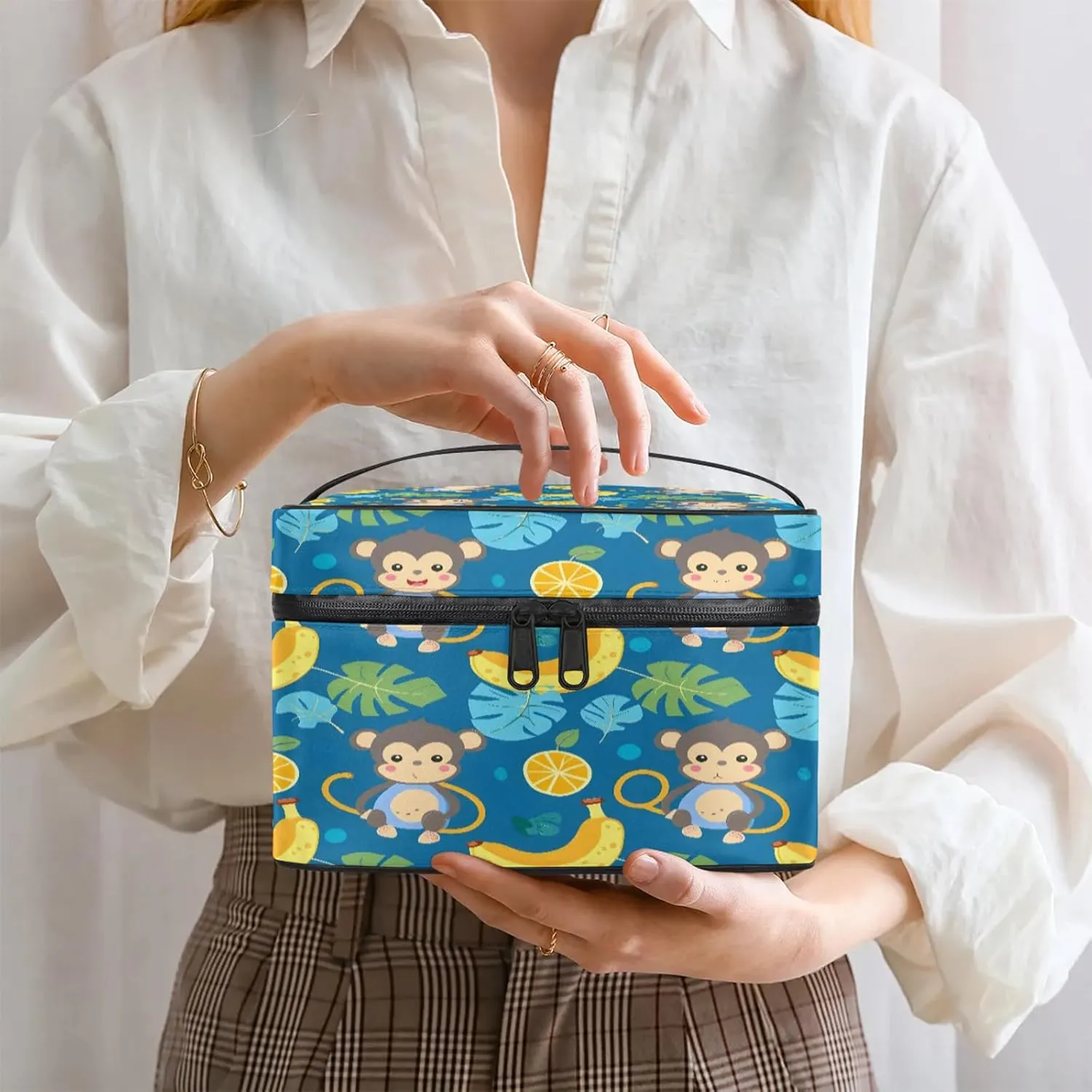 Funny Cartoon Monkey Banana Travel Toiletry Bag Large Capacity Makeup Case Organizer with Handle Cosmetic Case for Women Girls