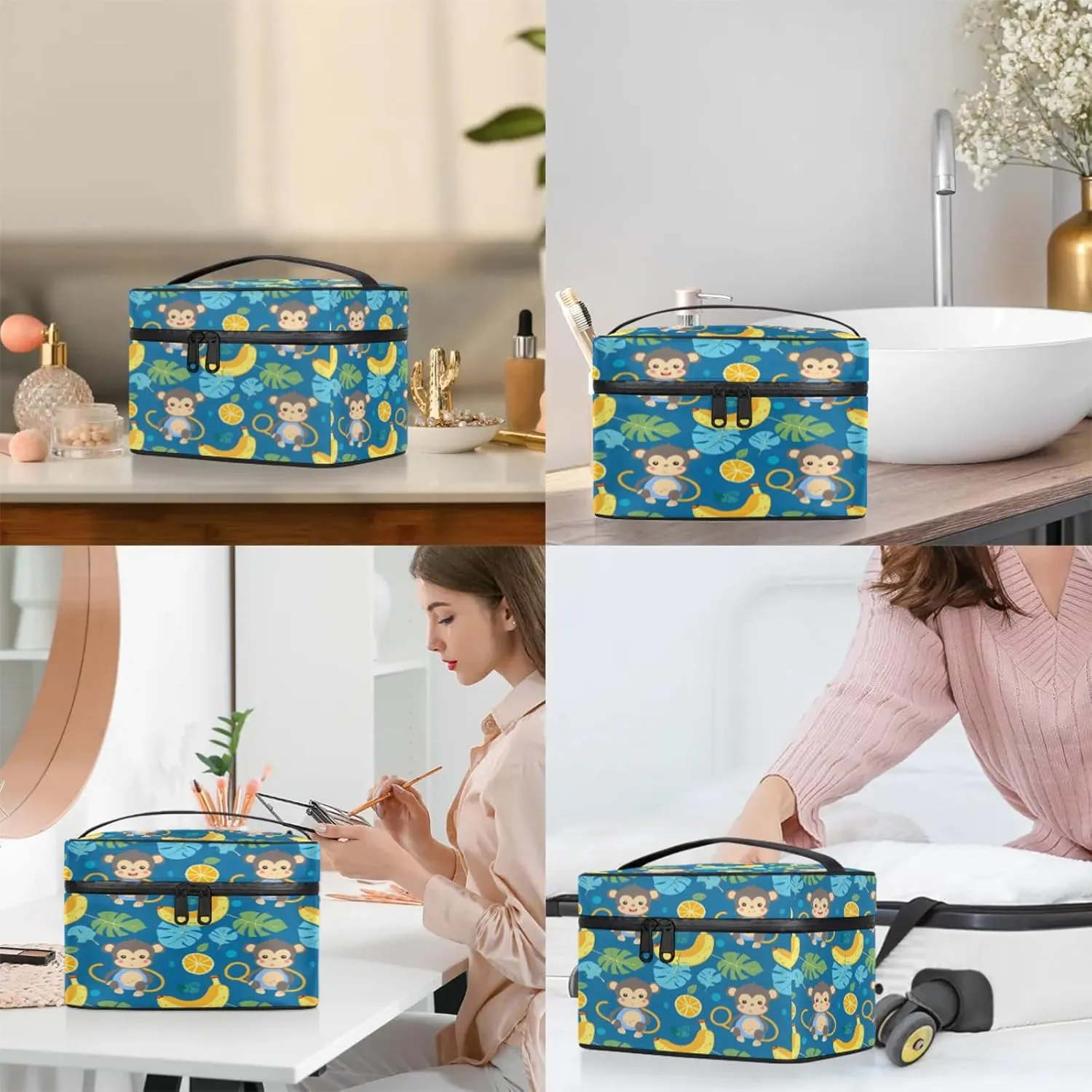 Funny Cartoon Monkey Banana Travel Toiletry Bag Large Capacity Makeup Case Organizer with Handle Cosmetic Case for Women Girls