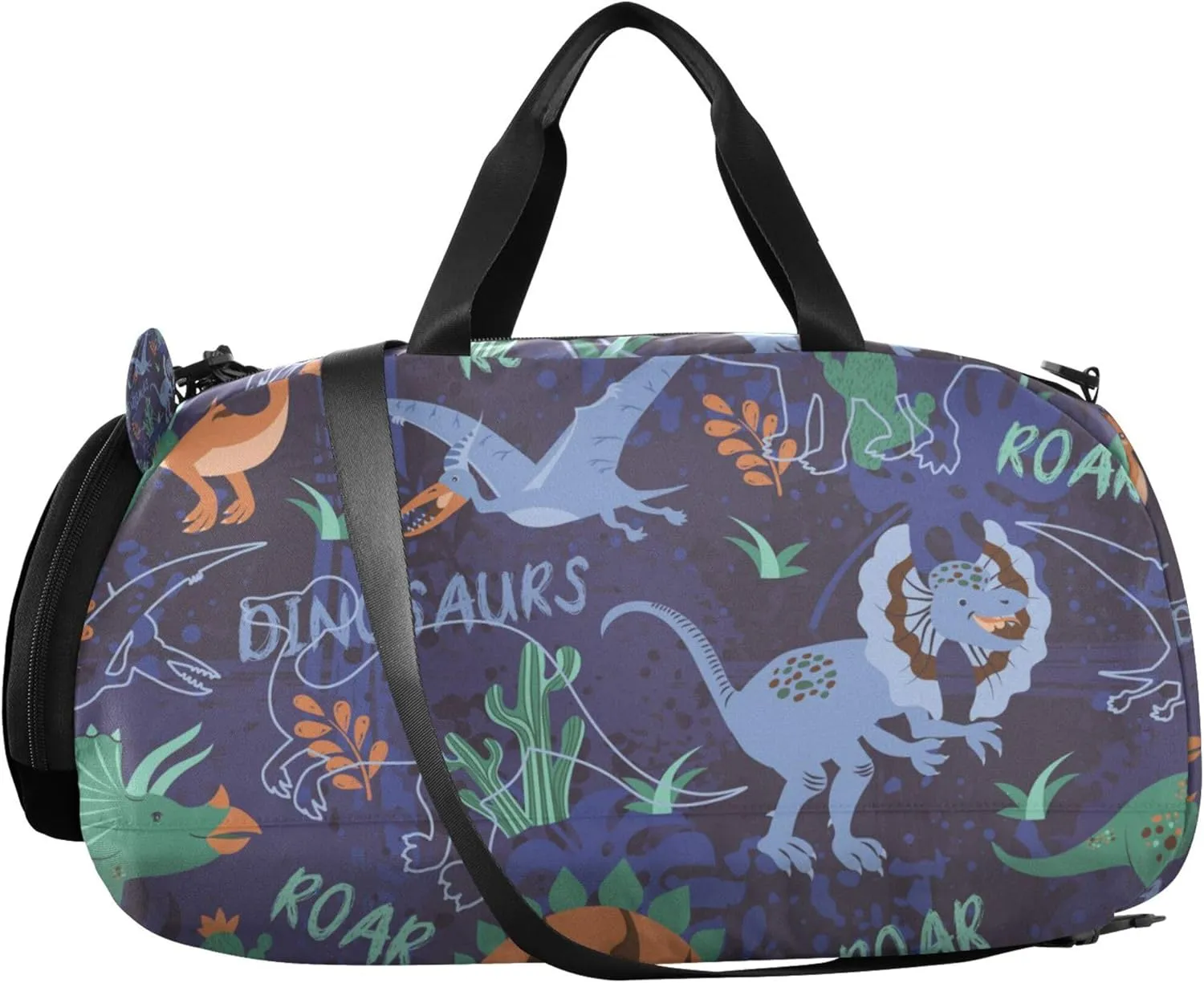 Funny Dino Silhouettes on Dark Blue Background Duffel Gym Bags with Shoes Compartment Multifunctional Weekend Travel Bag for Boys and Girls
