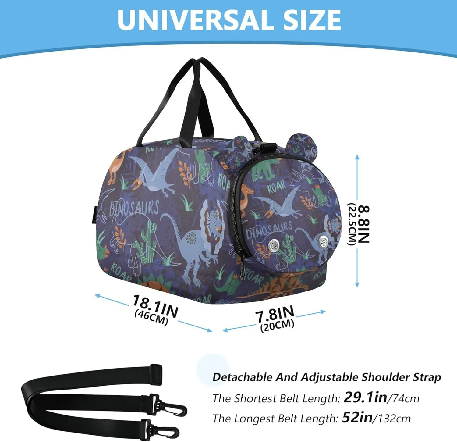 Funny Dino Silhouettes on Dark Blue Background Duffel Gym Bags with Shoes Compartment Multifunctional Weekend Travel Bag for Boys and Girls