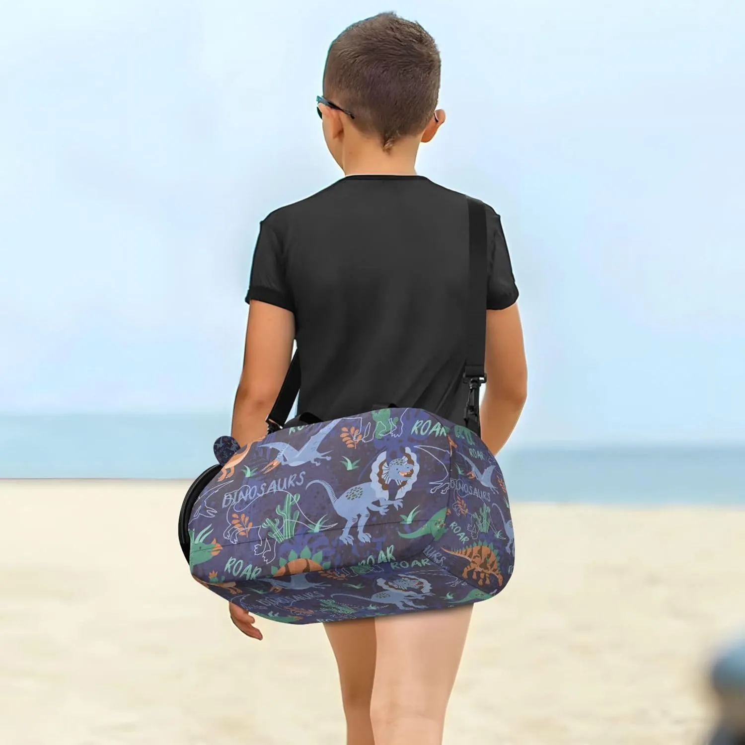 Funny Dino Silhouettes on Dark Blue Background Duffel Gym Bags with Shoes Compartment Multifunctional Weekend Travel Bag for Boys and Girls