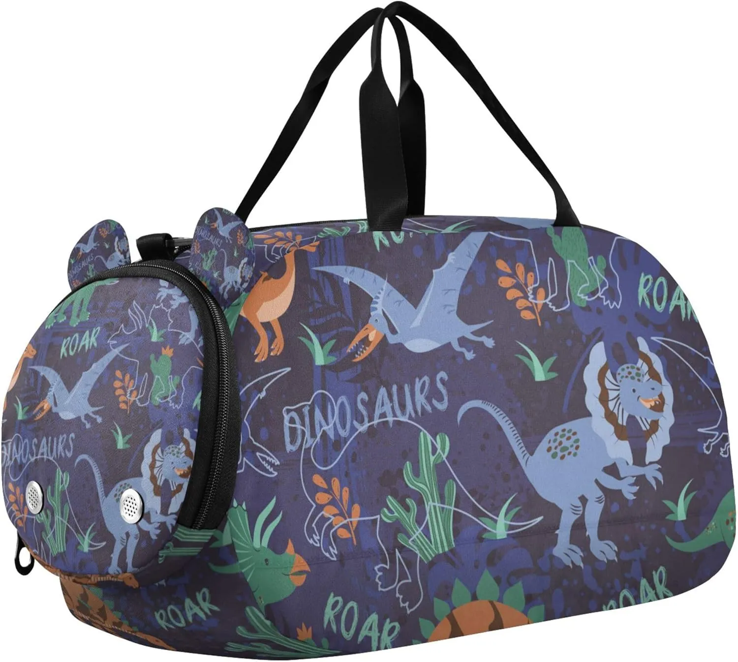 Funny Dino Silhouettes on Dark Blue Background Duffel Gym Bags with Shoes Compartment Multifunctional Weekend Travel Bag for Boys and Girls