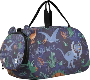 Funny Dino Silhouettes on Dark Blue Background Duffel Gym Bags with Shoes Compartment Multifunctional Weekend Travel Bag for Boys and Girls