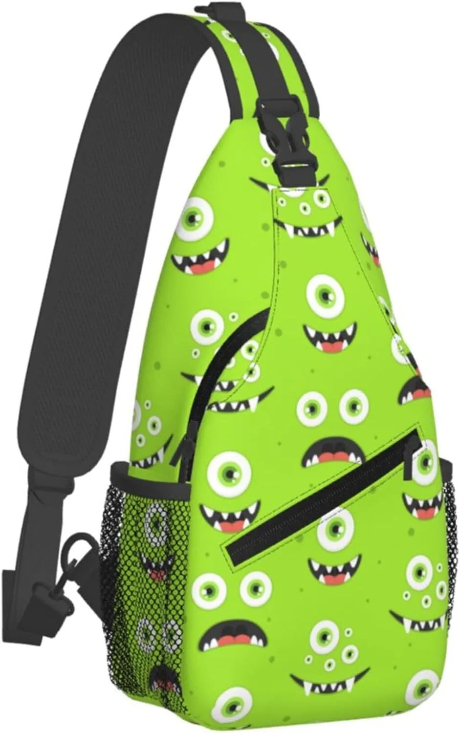 Funny Green Monster Face Sling Backpack Crossbody Bag, Chest Bag Daypack for Outdoors Hiking Traveling