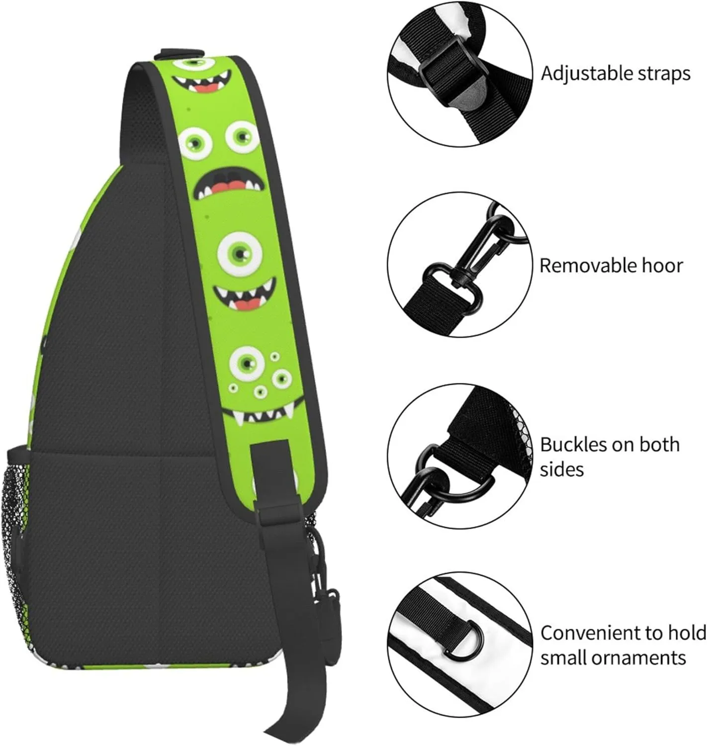 Funny Green Monster Face Sling Backpack Crossbody Bag, Chest Bag Daypack for Outdoors Hiking Traveling