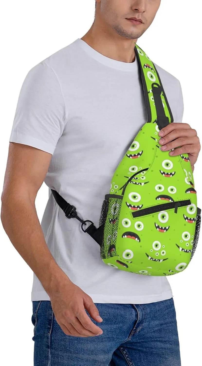 Funny Green Monster Face Sling Backpack Crossbody Bag, Chest Bag Daypack for Outdoors Hiking Traveling