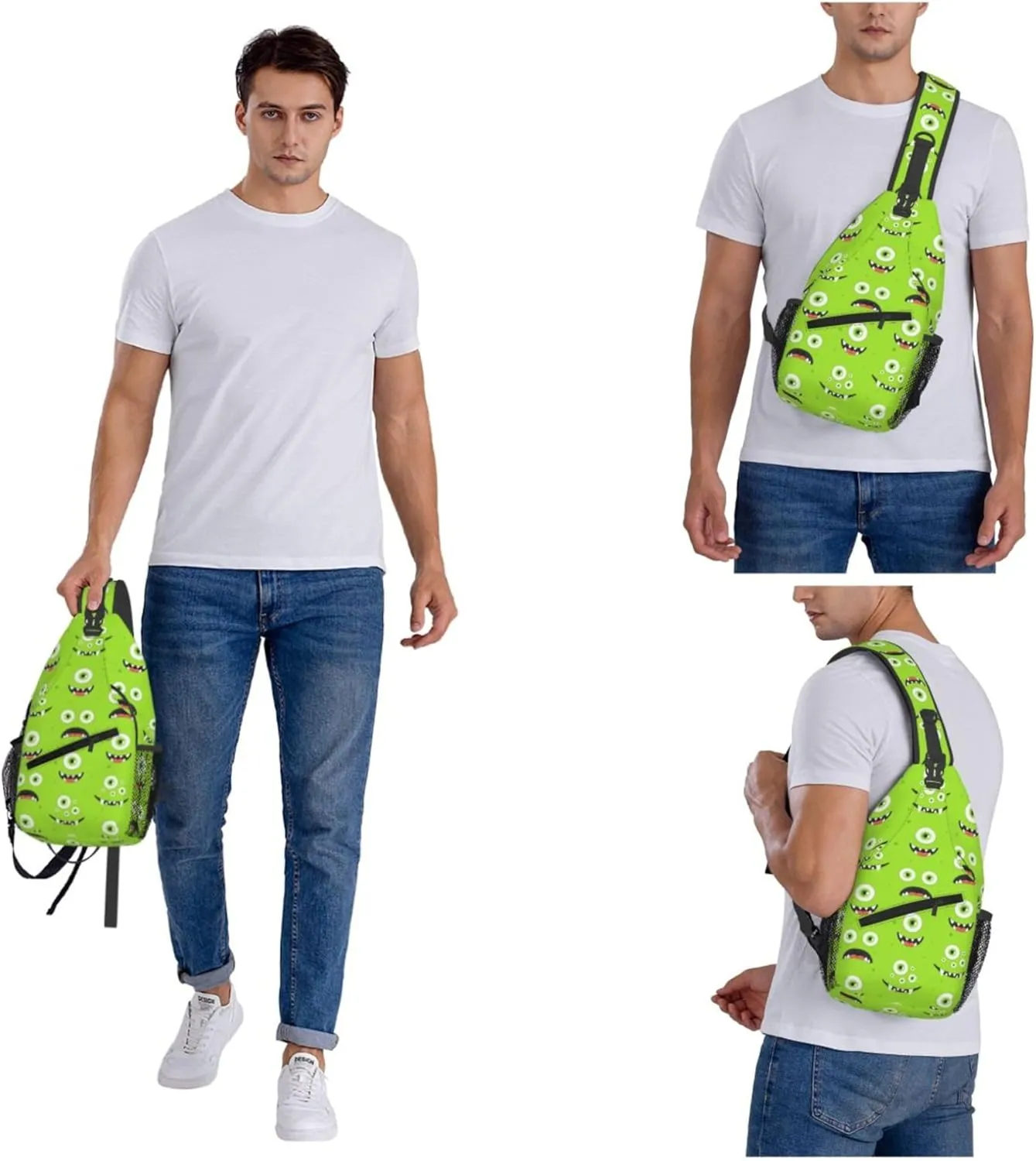 Funny Green Monster Face Sling Backpack Crossbody Bag, Chest Bag Daypack for Outdoors Hiking Traveling