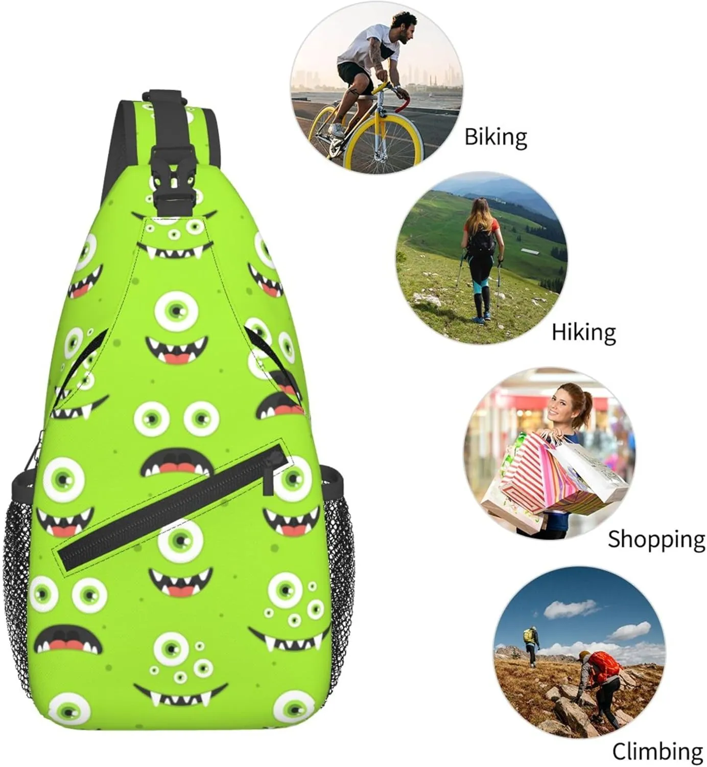 Funny Green Monster Face Sling Backpack Crossbody Bag, Chest Bag Daypack for Outdoors Hiking Traveling