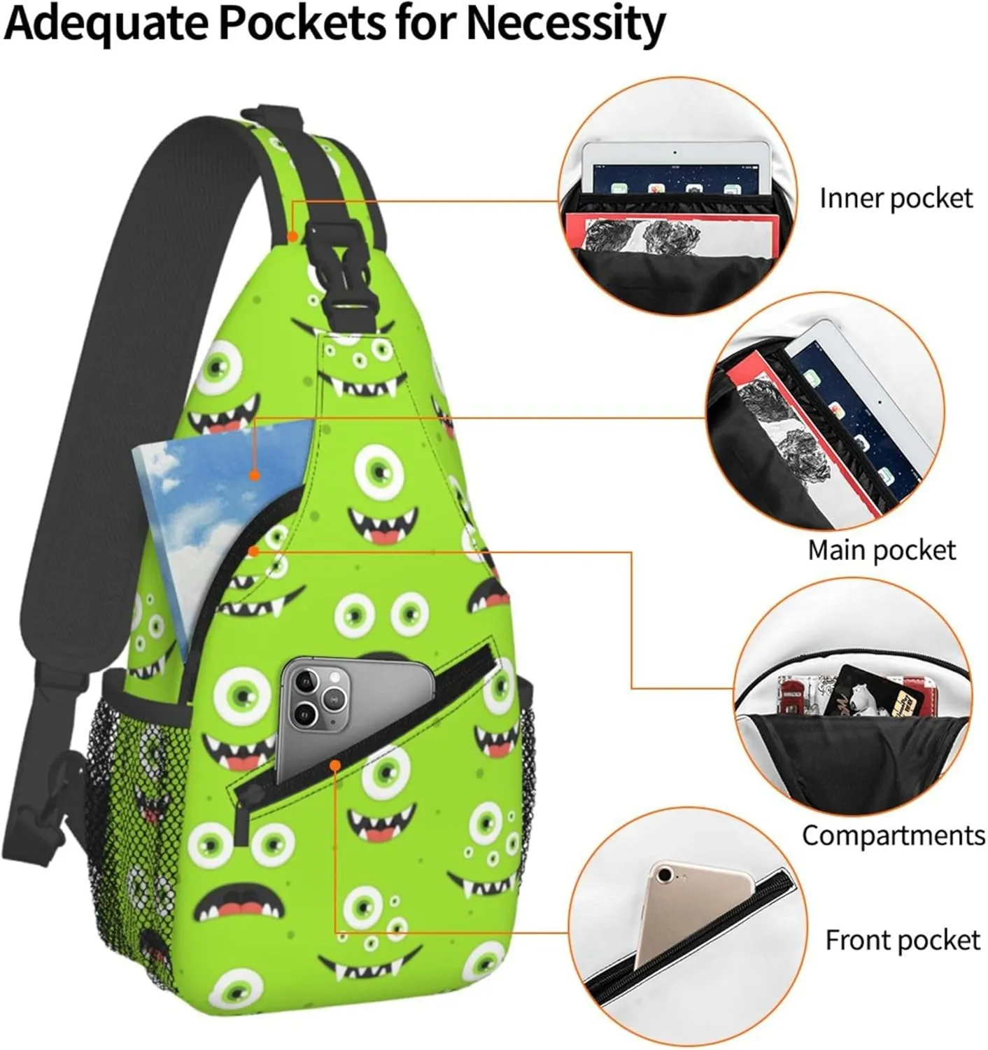 Funny Green Monster Face Sling Backpack Crossbody Bag, Chest Bag Daypack for Outdoors Hiking Traveling