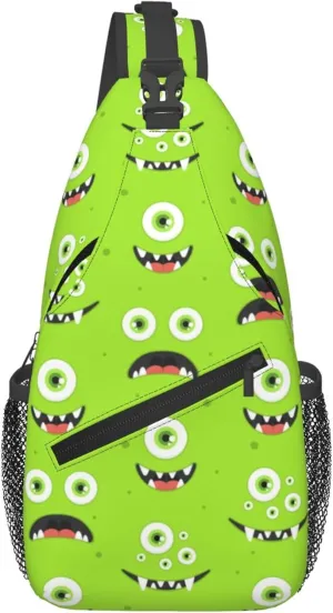 Funny Green Monster Face Sling Backpack Crossbody Bag, Chest Bag Daypack for Outdoors Hiking Traveling