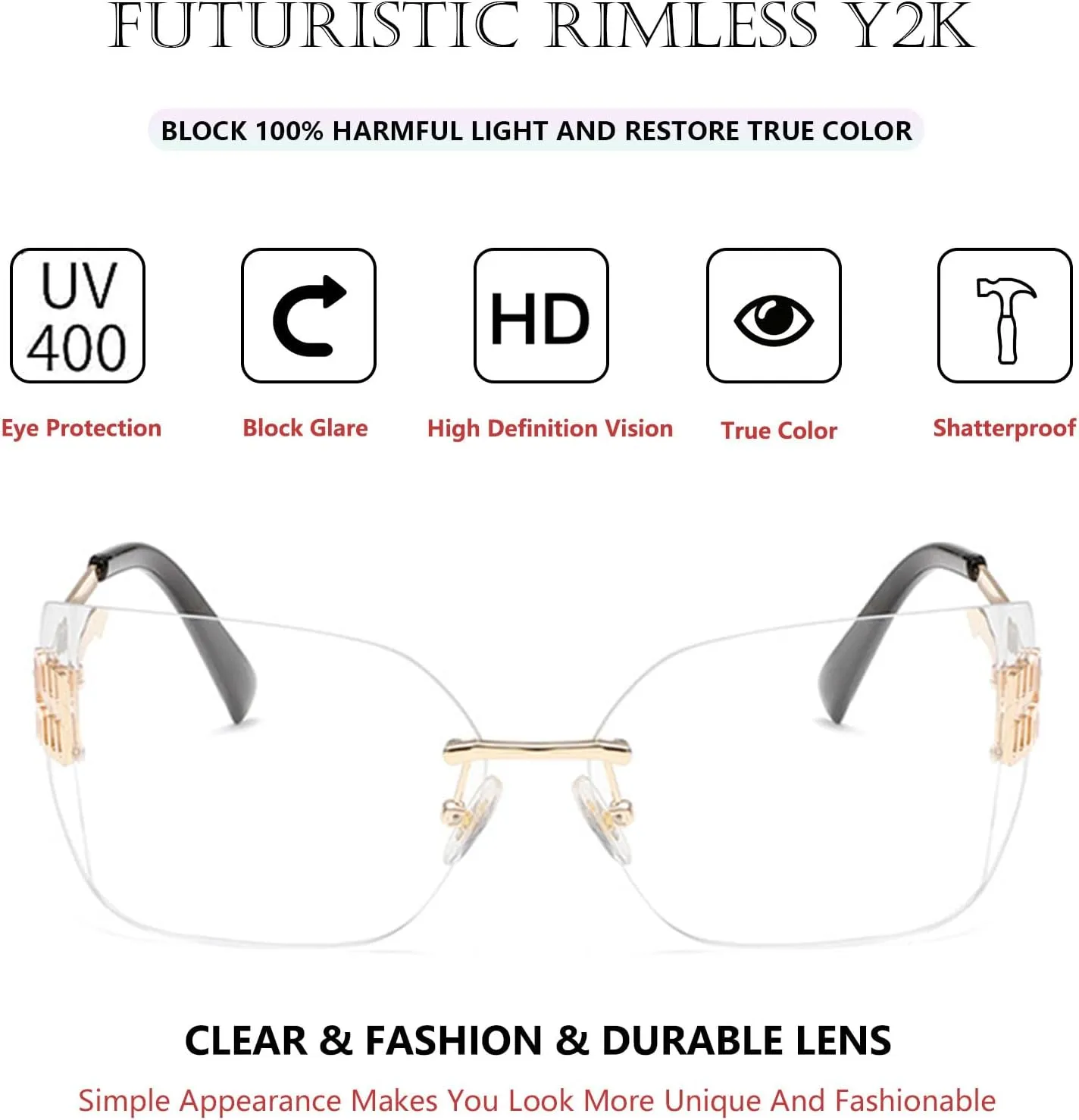 Futuristic Rimless Y2K Sunglasses for Women Men Fashion Wrap Around Frame Trendy Shield Frameless Design