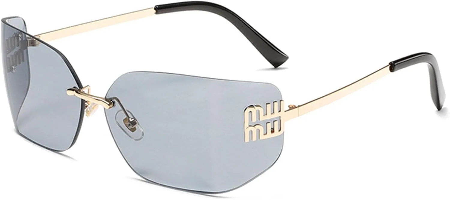 Futuristic Rimless Y2K Sunglasses for Women Men Fashion Wrap Around Frame Trendy Shield Frameless Design