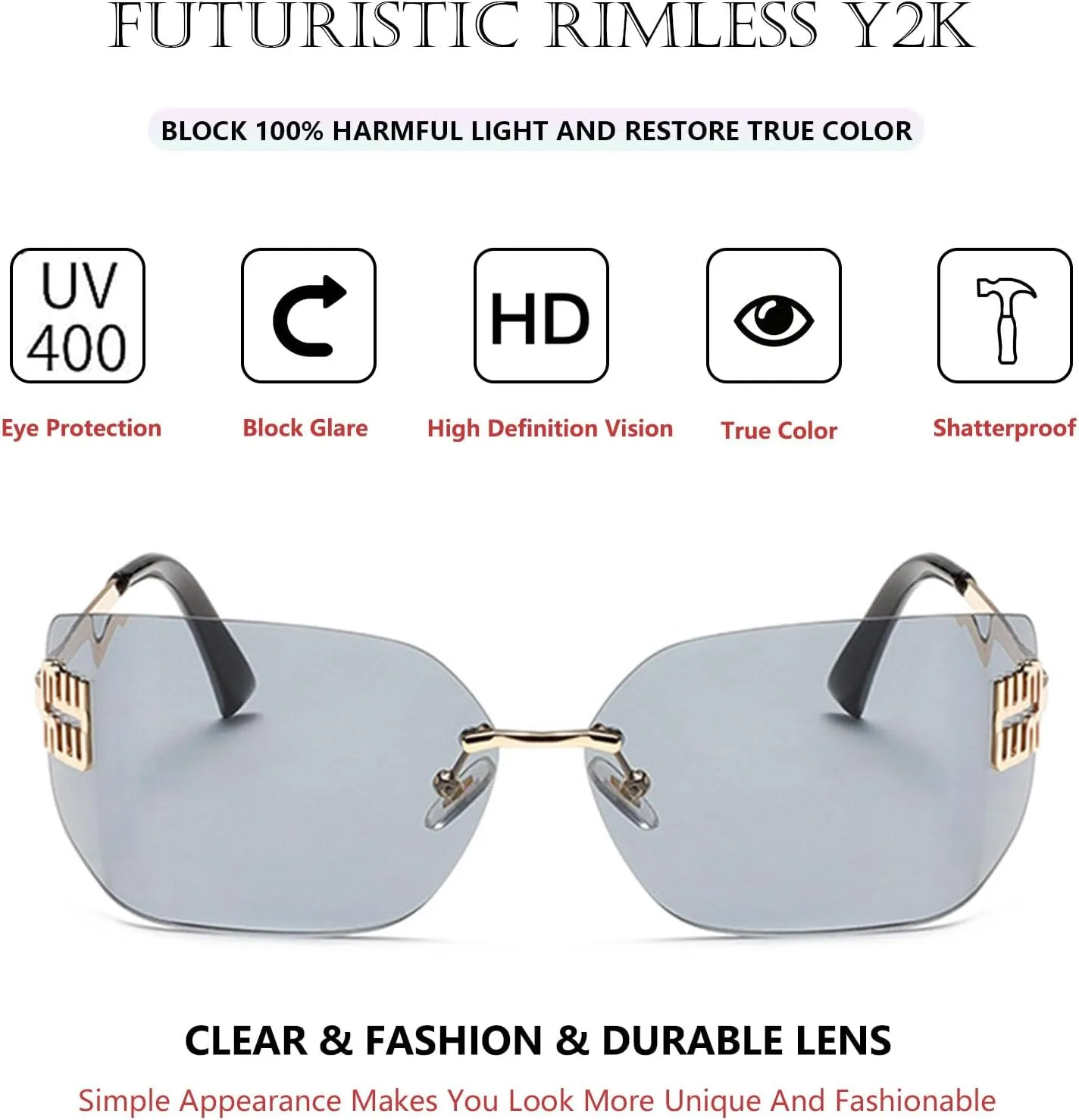 Futuristic Rimless Y2K Sunglasses for Women Men Fashion Wrap Around Frame Trendy Shield Frameless Design