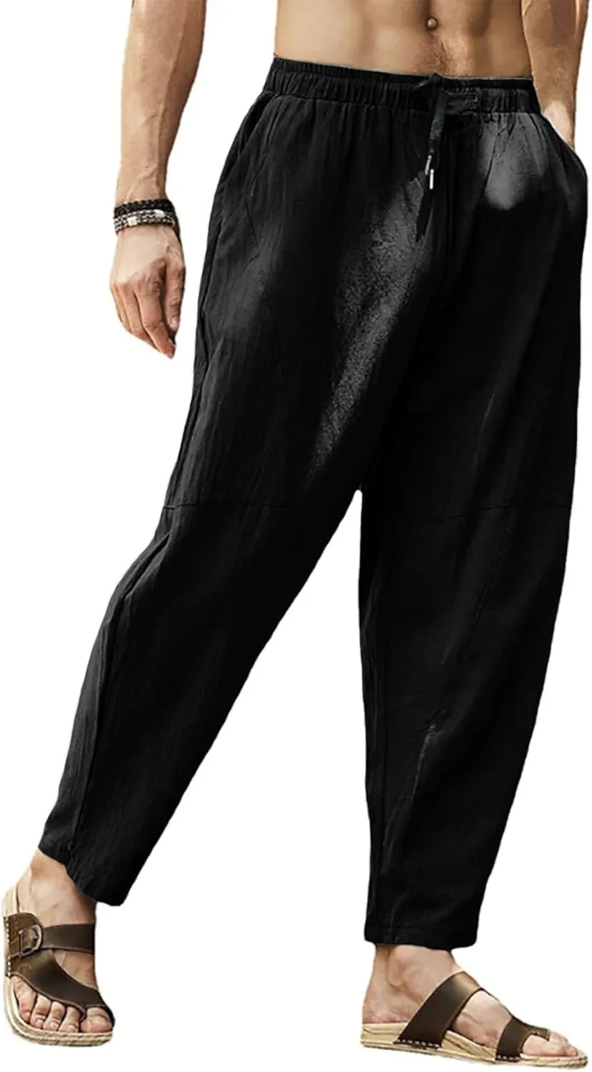 Gafeng Mens Linen Harem Pants Casual Loose Fit Beach Drawstring Elastic Waist Yoga Trousers with Pockets