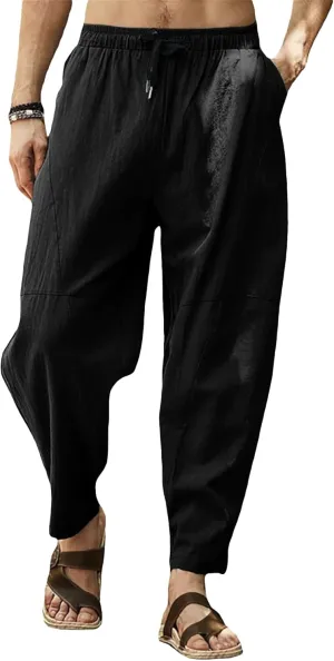 Gafeng Mens Linen Harem Pants Casual Loose Fit Beach Drawstring Elastic Waist Yoga Trousers with Pockets