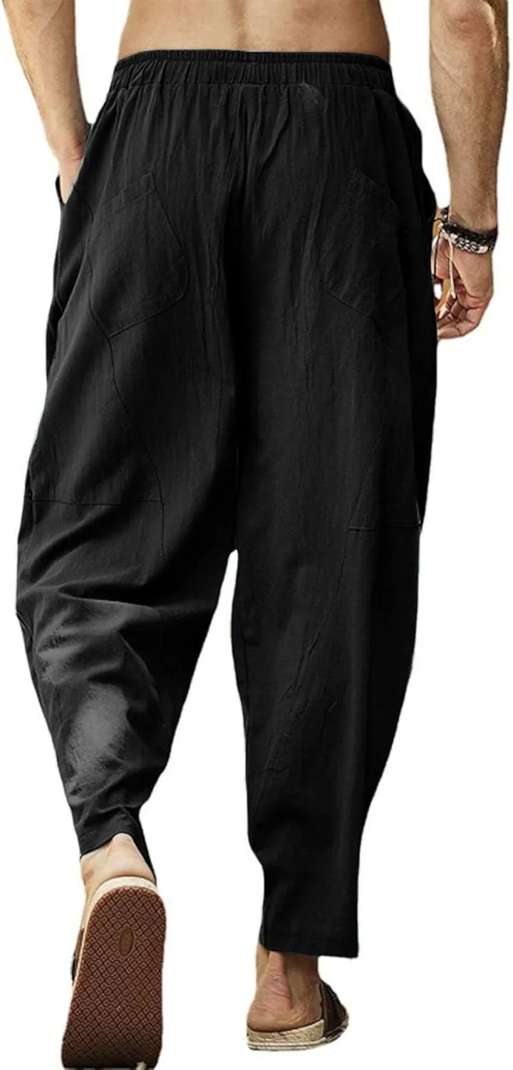 Gafeng Mens Linen Harem Pants Casual Loose Fit Beach Drawstring Elastic Waist Yoga Trousers with Pockets