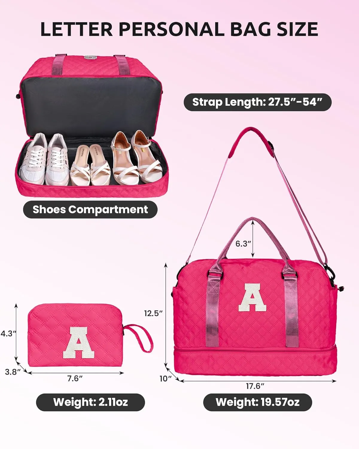 Gift for Everyone, Gifts for Women-Initial Travel Bag with Shoe Compartment, Weekender Bag, Monogram Overnight Bag for Women, Letter Travel Bag with Makeup Bag Graduation Gifts (Letter W)