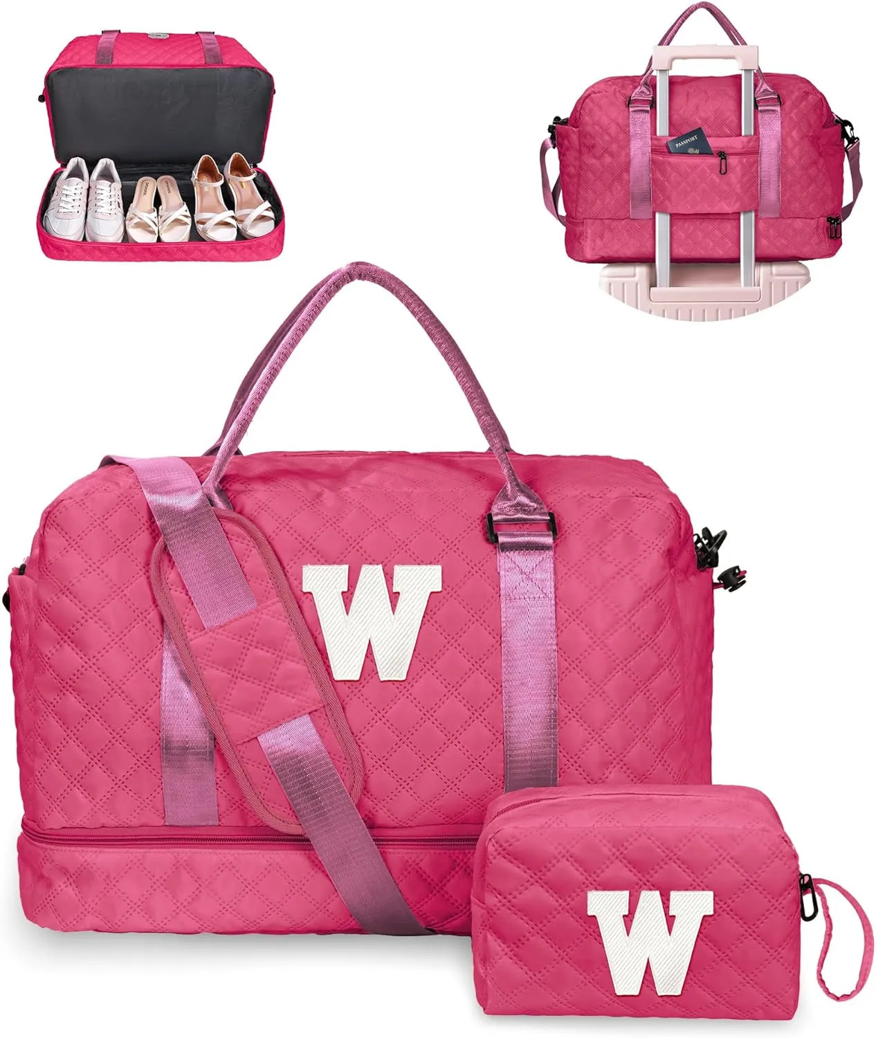 Gift for Everyone, Gifts for Women-Initial Travel Bag with Shoe Compartment, Weekender Bag, Monogram Overnight Bag for Women, Letter Travel Bag with Makeup Bag Graduation Gifts (Letter W)