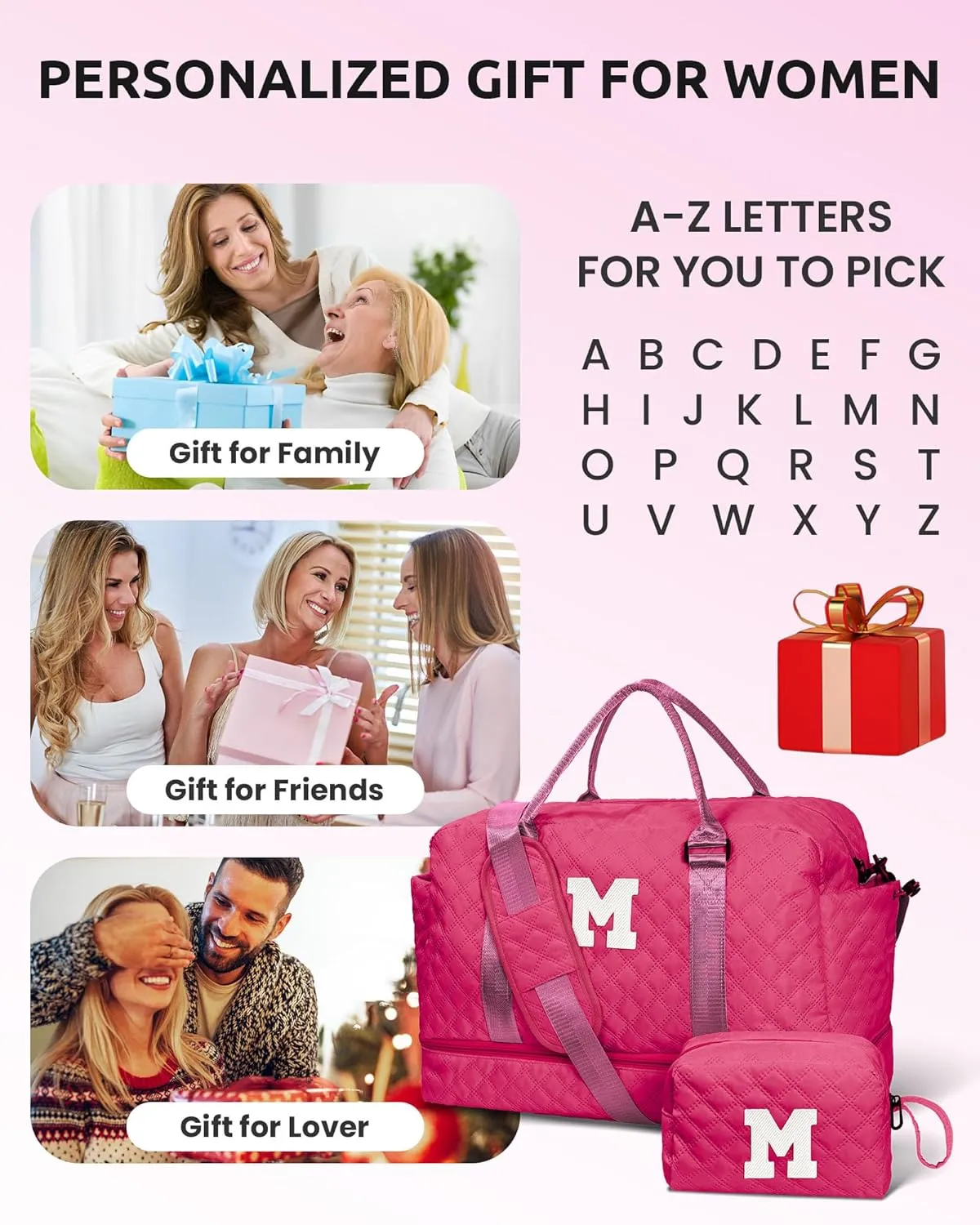 Gift for Everyone, Gifts for Women-Initial Travel Bag with Shoe Compartment, Weekender Bag, Monogram Overnight Bag for Women, Letter Travel Bag with Makeup Bag Graduation Gifts (Letter W)