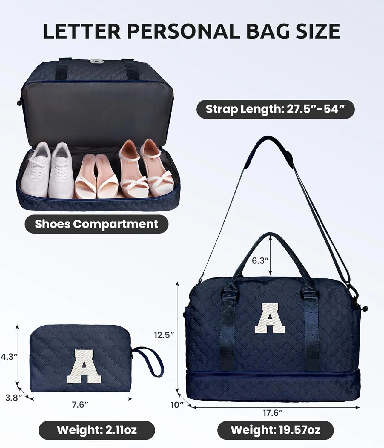 Gifts for Mom-Initial Duffle Bag with Shoe Compartment, Personalized Weekender Bag, Monogram Overnight Bag, Letter Travel Bag with Makeup Bag，Personalized Gifts Idea for Women Her (Letter F)