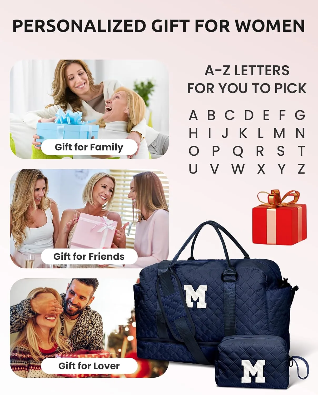 Gifts for Mom-Initial Duffle Bag with Shoe Compartment, Personalized Weekender Bag, Monogram Overnight Bag, Letter Travel Bag with Makeup Bag，Personalized Gifts Idea for Women Her (Letter F)
