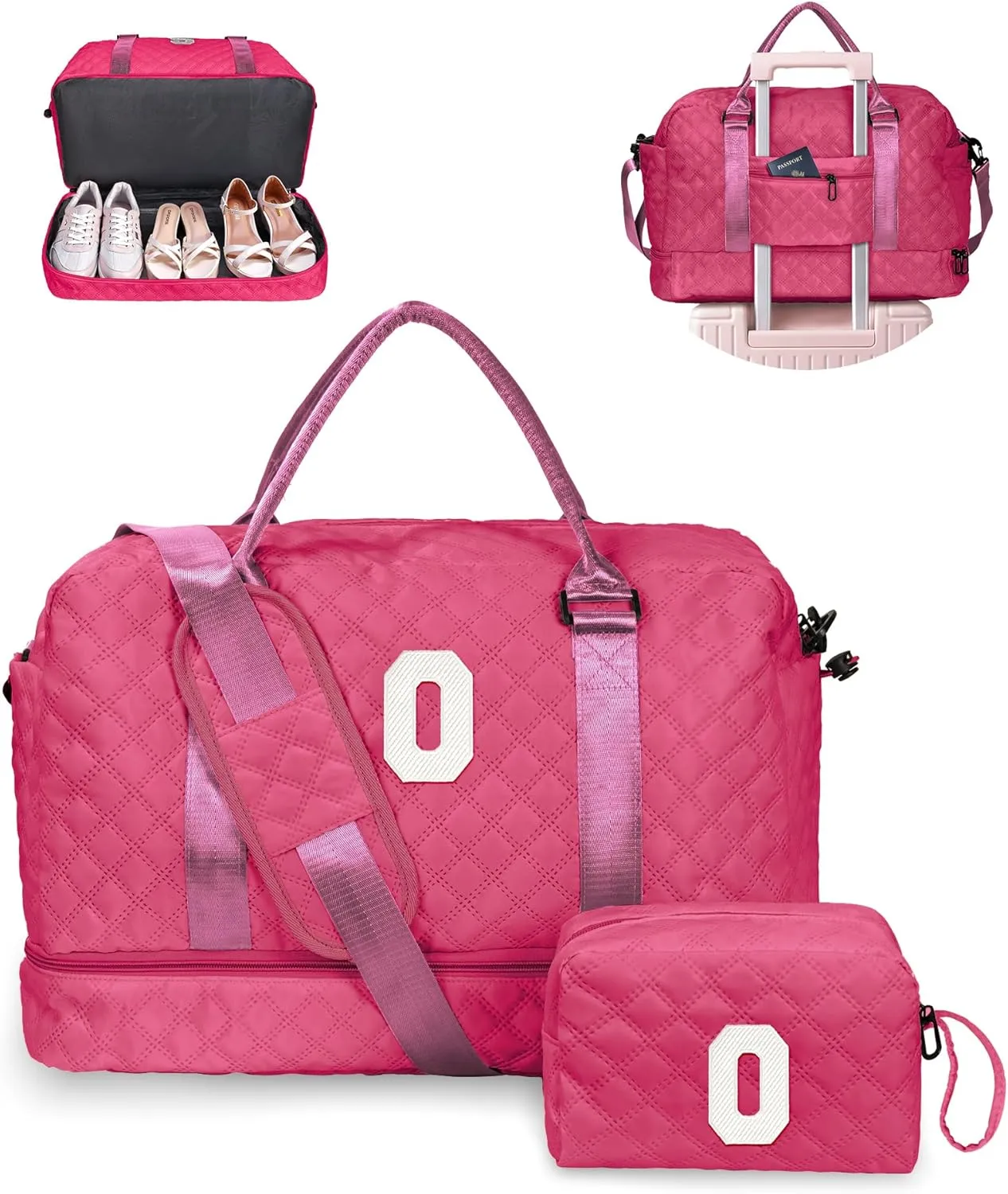 Gifts for Women-Initial Travel Bag with Shoe Compartment, Personalized Weekender Bag, Monogram Overnight Bag for Women, Letter Travel Bag with Makeup Bag (Letter O)