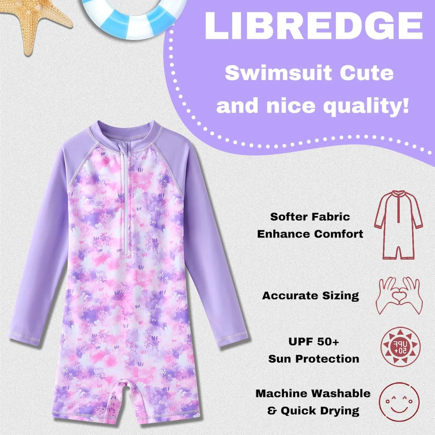Girls Long Sleeve Rash Guard Swimsuits Zipper Bathing Suits