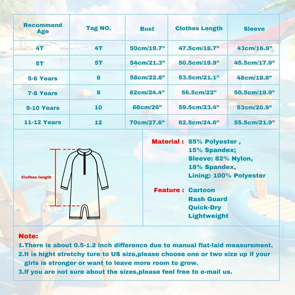 Girls Long Sleeve Rash Guard Swimsuits Zipper Bathing Suits