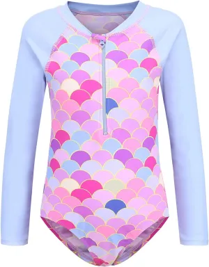 Girls Rash Guard Long Sleeve One Piece Swimsuits Stripes Zipper Bathing Suits UPF 50 /Sun Protection