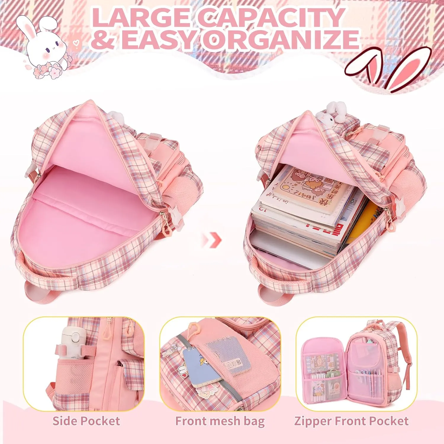 Girls School Backpacks Kids Bookbags for Primary Elementary High Students Teen Girls Cute 17inch Book Bag (Purple-Buny)