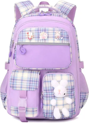Girls School Backpacks Kids Bookbags for Primary Elementary High Students Teen Girls Cute 17inch Book Bag (Purple-Buny)