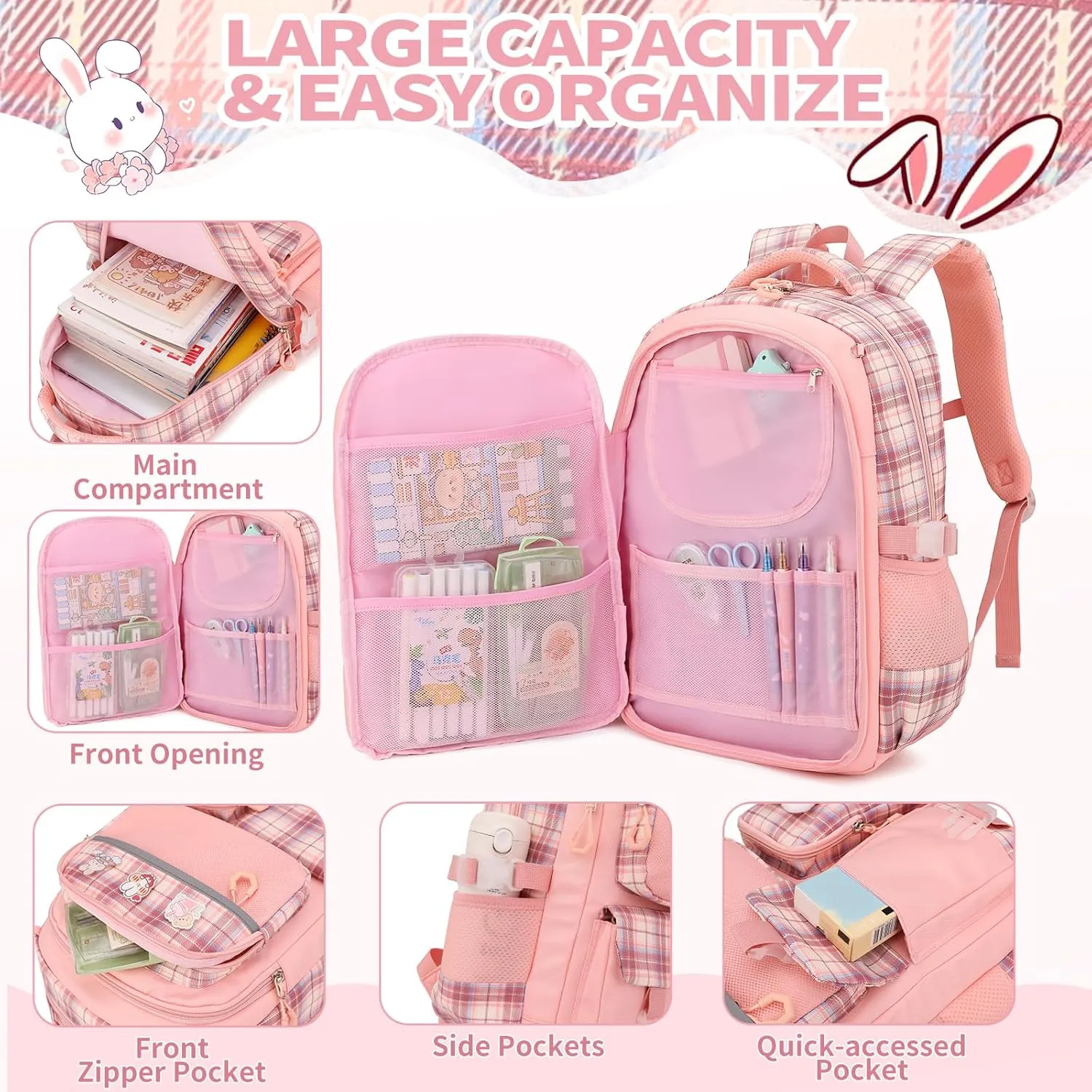 Girls School Backpacks Kids Bookbags for Primary Elementary High Students Teen Girls Cute 17inch Book Bag (Purple-Buny)