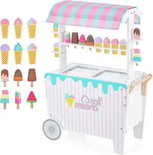 GLACER Ice Cream Cart, Wooden Kids Grocery Store Playset w/Display Rack, Freezer, Side Handle Bar, 2 Wheels, Canopy, 12-Piece Accessories, Realistic Ice Cream Cart Toy, Gift for Boys Girls 3 