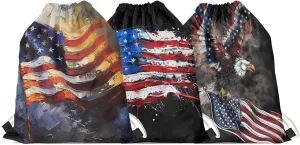 GLENLCWE American Flag Bold Eagle Print Drawstring Backpack Set of 3,Patriotic Sport Gym String Backpack Cinch Bag for Women Men