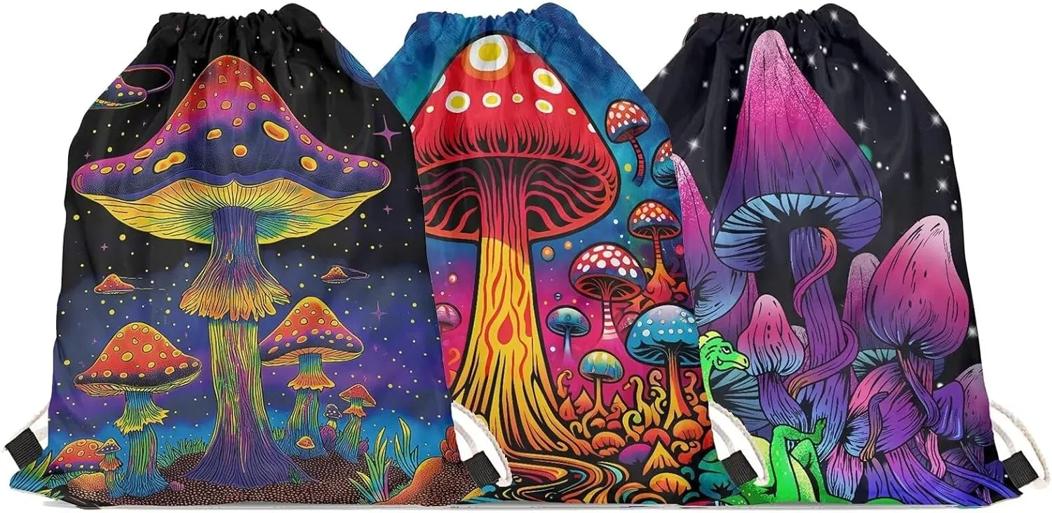 GLENLCWE Art Mushroom Drawstring Bag,3Pack Mushroom Drawstring Backpack Waterproof Beach Gym Travel Cinch Bag String Bag for Women
