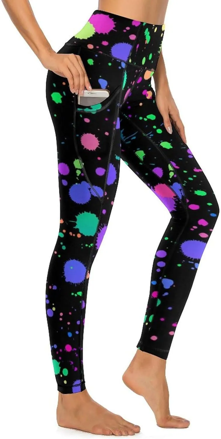 Glow in Dark Splatter Neon Yoga Pants with Pockets High Waist Gym Pants Long Workout Leggings for Women